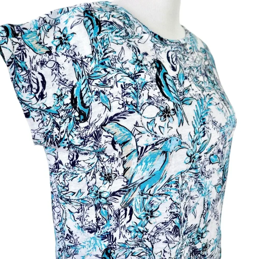 Tahari Size S Linen Slub Knit Tee Button Back Birds Flower Blue White